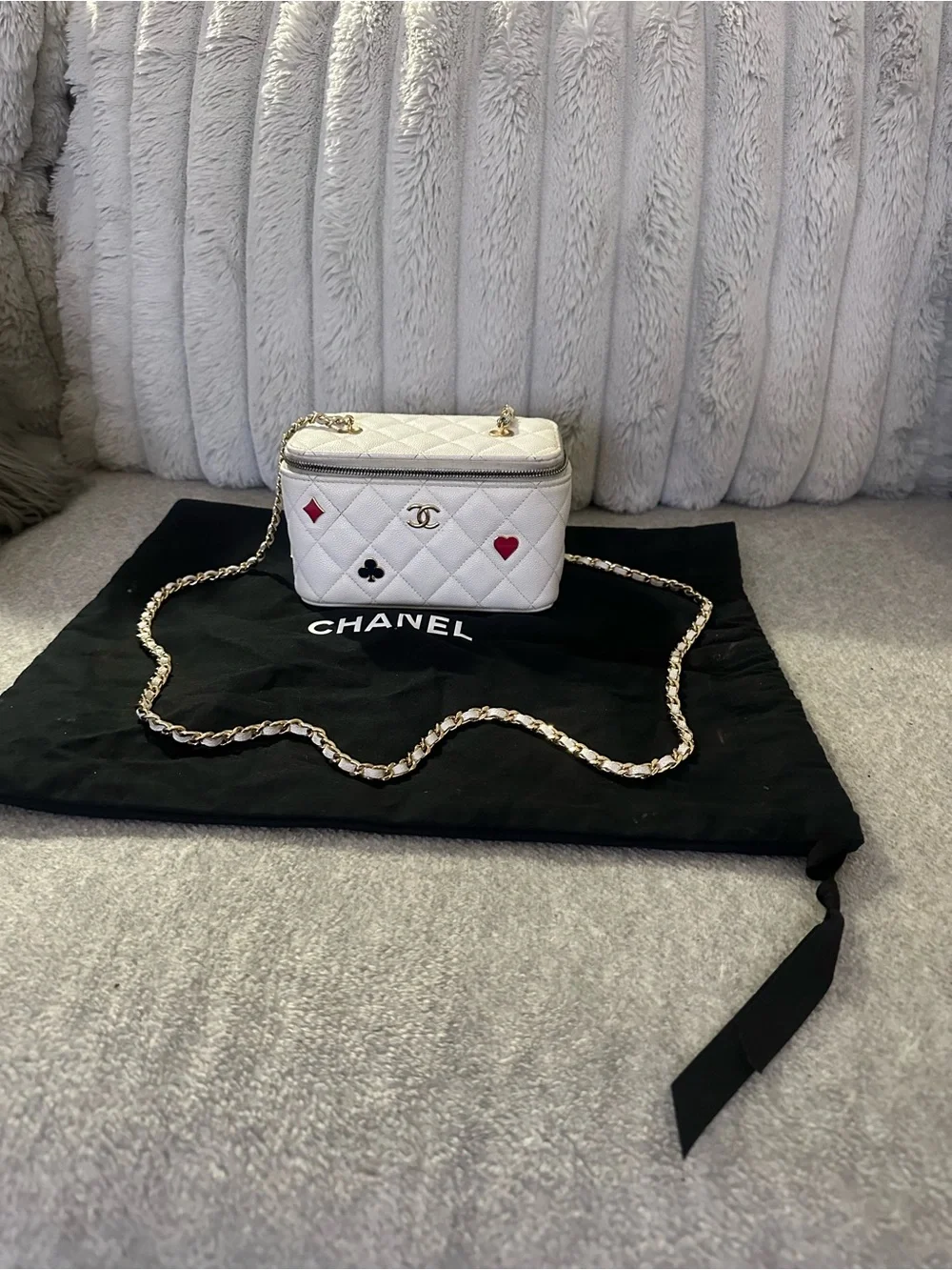 CHANEL White Quilted Vanity Bag with Gold Chain and Playing Card Motifs